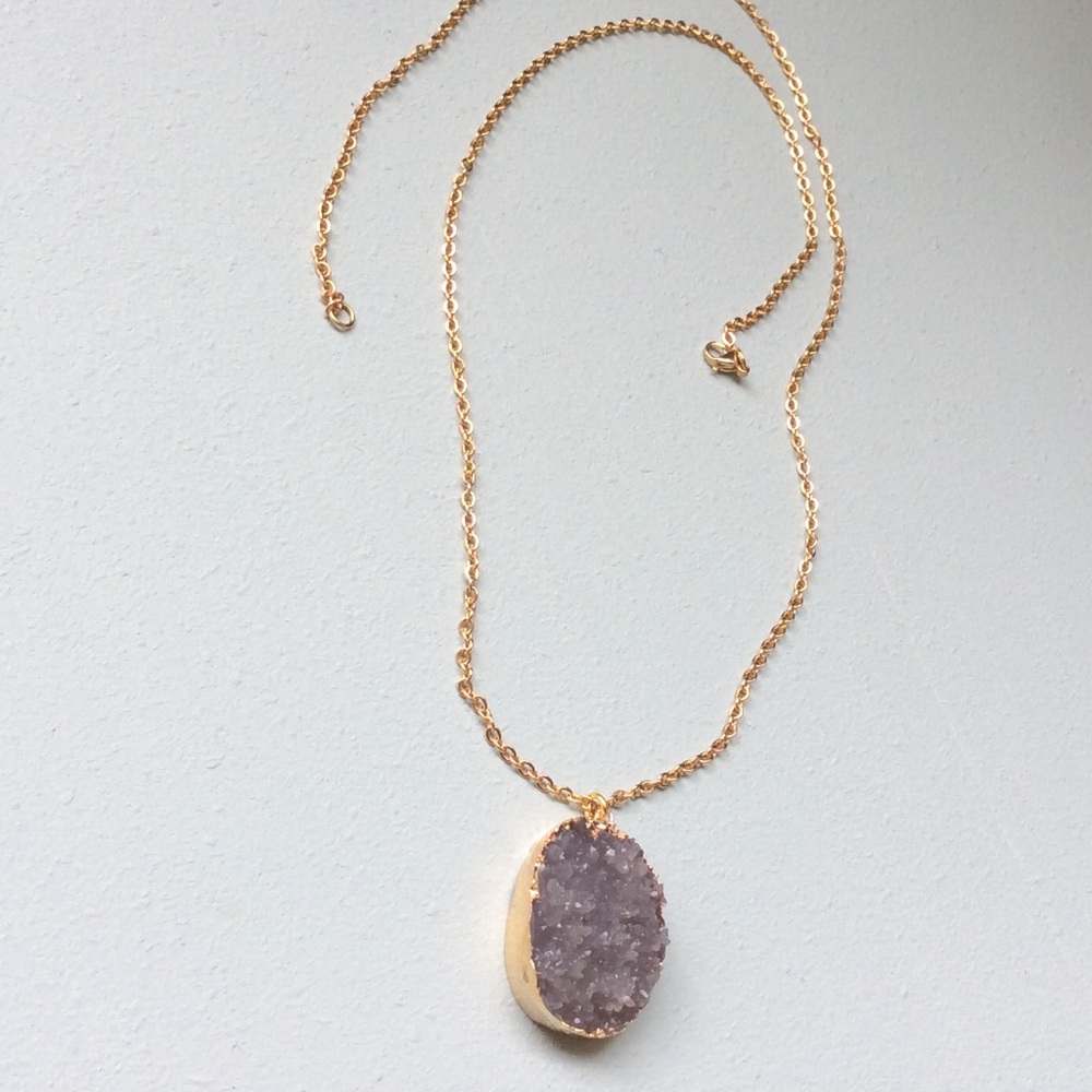 Anthropologie Gold Chain Necklace with Lavender Gray Druzy Pendant